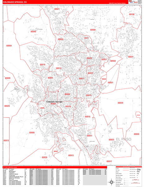 Colorado Springs City Wall Map Red Line Style